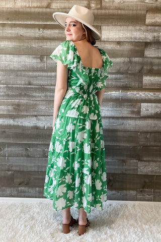 wishlist green and white floral maxi dress flutter sleeves WL23-8121