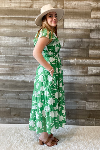 wishlist green and white floral maxi dress flutter sleeves WL23-8121