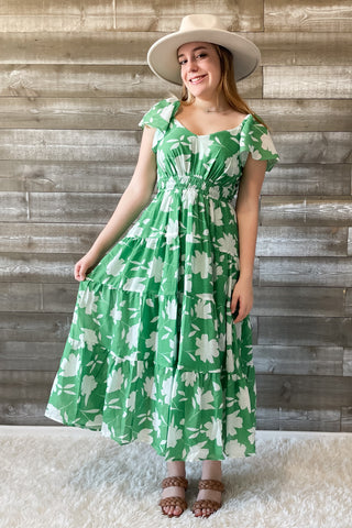 wishlist green and white floral maxi dress flutter sleeves WL23-8121