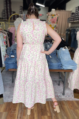 Wishlist ecru and lilac floral midi dress tiered skirt with sleeveless smocked bodice back view WL25-12272