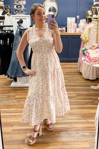 Wishlist ecru and lilac floral midi dress tiered skirt with sleeveless smocked bodice mirror selfie WL25-12272