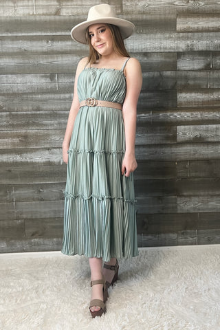 wishlist maxi dress with pleated tiered skirt smocked back dusty sage WL24-8667