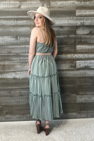 wishlist maxi dress with pleated tiered skirt smocked back dusty sage WL24-8667