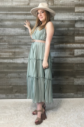 wishlist maxi dress with pleated tiered skirt smocked back dusty sage WL24-8667