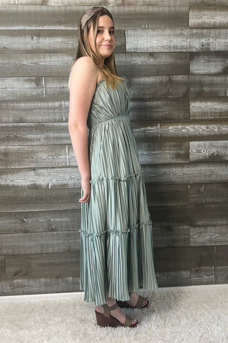 wishlist maxi dress with pleated tiered skirt smocked back dusty sage WL24-8667