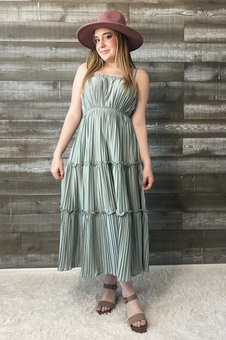 wishlist maxi dress with pleated tiered skirt smocked back dusty sage WL24-8667