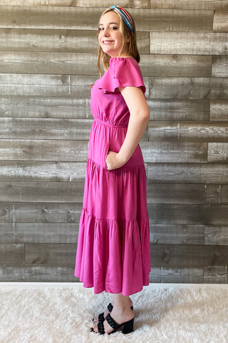 wishlist tiered midi dress in magenta with flutter sleeves WL24-8625