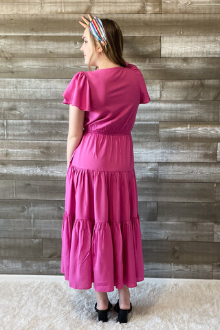 wishlist tiered midi dress in magenta with flutter sleeves WL24-8625