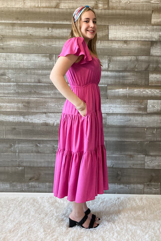 wishlist tiered midi dress in magenta with flutter sleeves WL24-8625