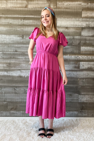 wishlist tiered midi dress in magenta with flutter sleeves WL24-8625