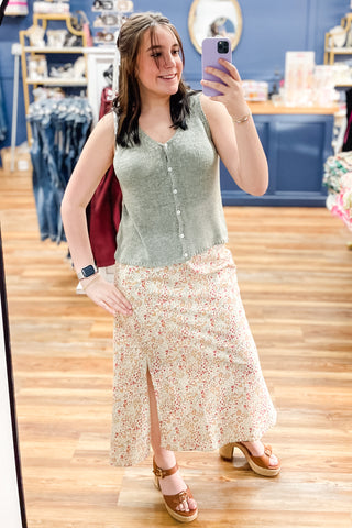 Wishlist Natural Combo Spring Floral Front Slit Midi Skirt with Wishlist dusty sage lightweight sleeveless sweater vest and Corkys Footwear Daddys Money chunky black heel sandals in tan