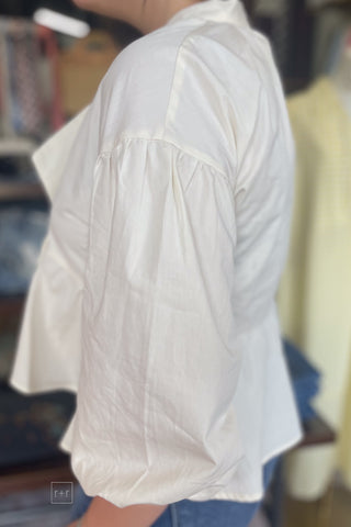 Wishlist Cream Cotton Peplum Ruffle Hem Crop Top Front Tie Puff Sleeve sleeve closeup
