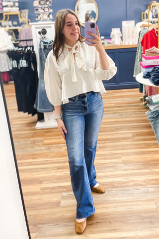 Wishlist Cream Cotton Peplum Ruffle Hem Crop Top Front Tie Puff Sleeve mirror selfie