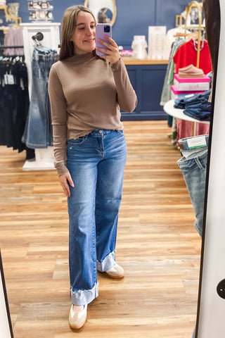Wishlist Espresso Waffle Knit Mock Neck Long Sleeve Top WL26-12932 mirror selfie