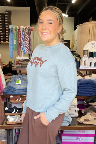 Side view of Wishlist coastal fish graphic crew neck sweater - STY# WL26-14011