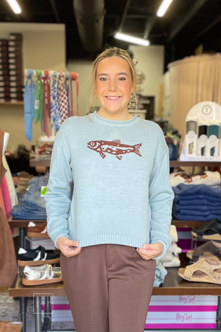 Model wearing Wishlist coastal fish graphic sweater, front closeup view - STY# WL26-14011