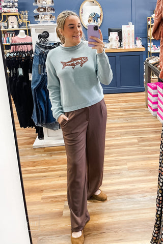 Mirror selfie of model wearing Wishlist fish graphic sweater with Eesome brown wide leg trousers and Corkys Layover ballet flats - STY# WL26-14011