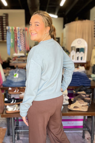 Over the shoulder view of Wishlist fish graphic sweater showing ribbed trim and relaxed fit - STY# WL26-14011