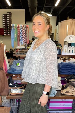 Wishlist Floral Tiered Blouse WL26-13747 styled with Wishlist Hunter Green Micro Polka Dot Corduroy Wide Leg Pants, side view