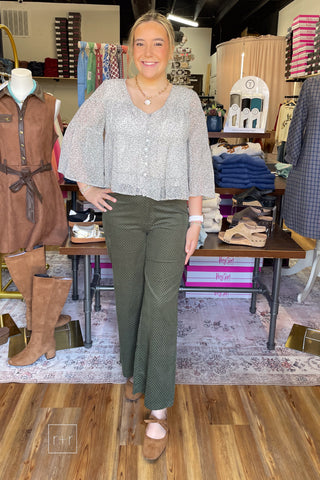 Wishlist Floral Tiered Blouse WL26-13747 styled with Wishlist Hunter Green Micro Polka Dot Corduroy Wide Leg Pants and Corkys Layover flats, full outfit front view