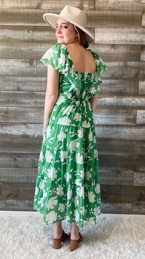 wishlist green and white floral maxi dress flutter sleeves WL23-8121