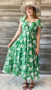 wishlist green and white floral maxi dress flutter sleeves WL23-8121