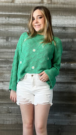 wishlist green daisy embroidered bell sleeve crochet sweater WL23-8143