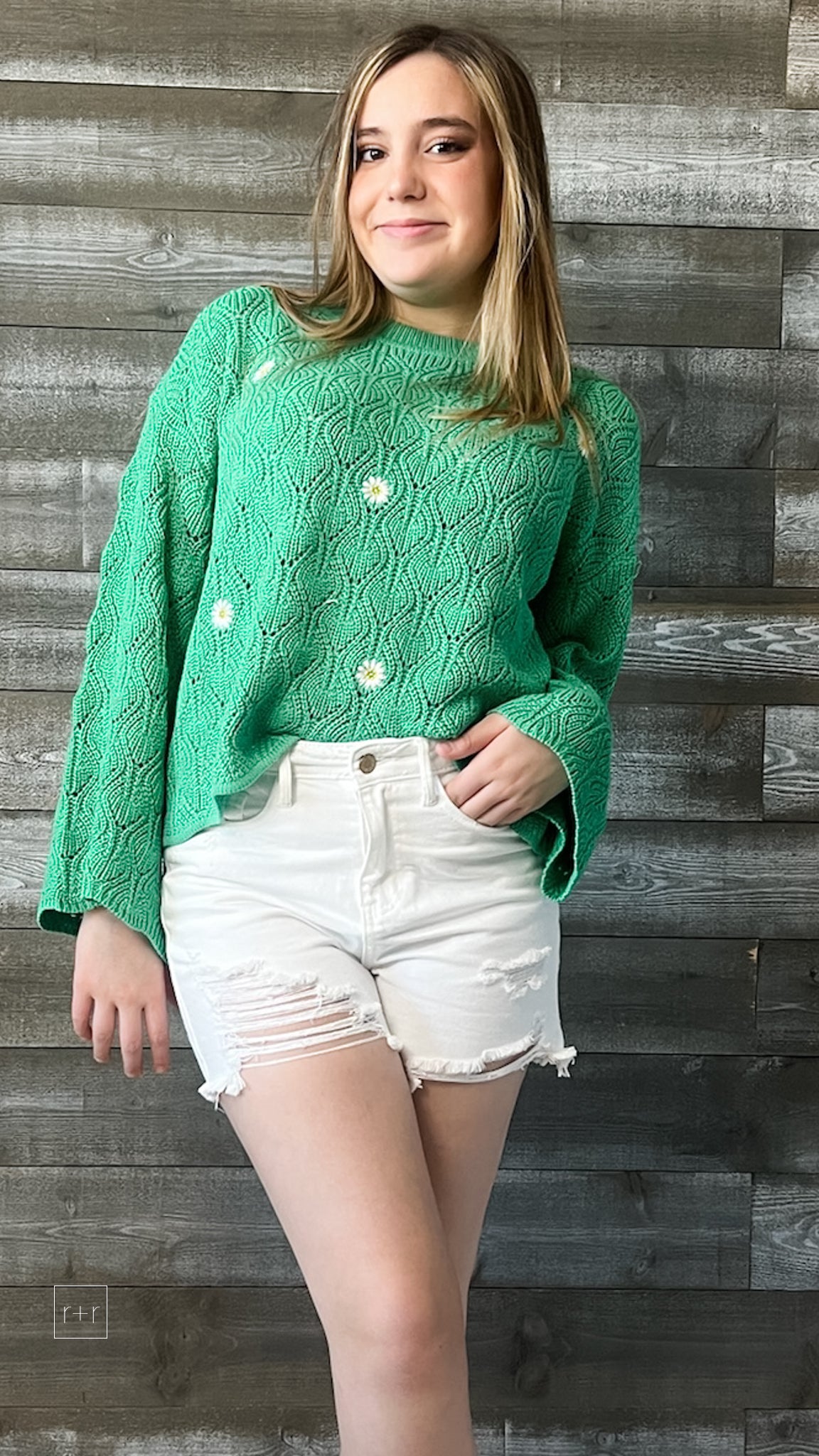 wishlist green daisy embroidered bell sleeve crochet sweater WL23-8143