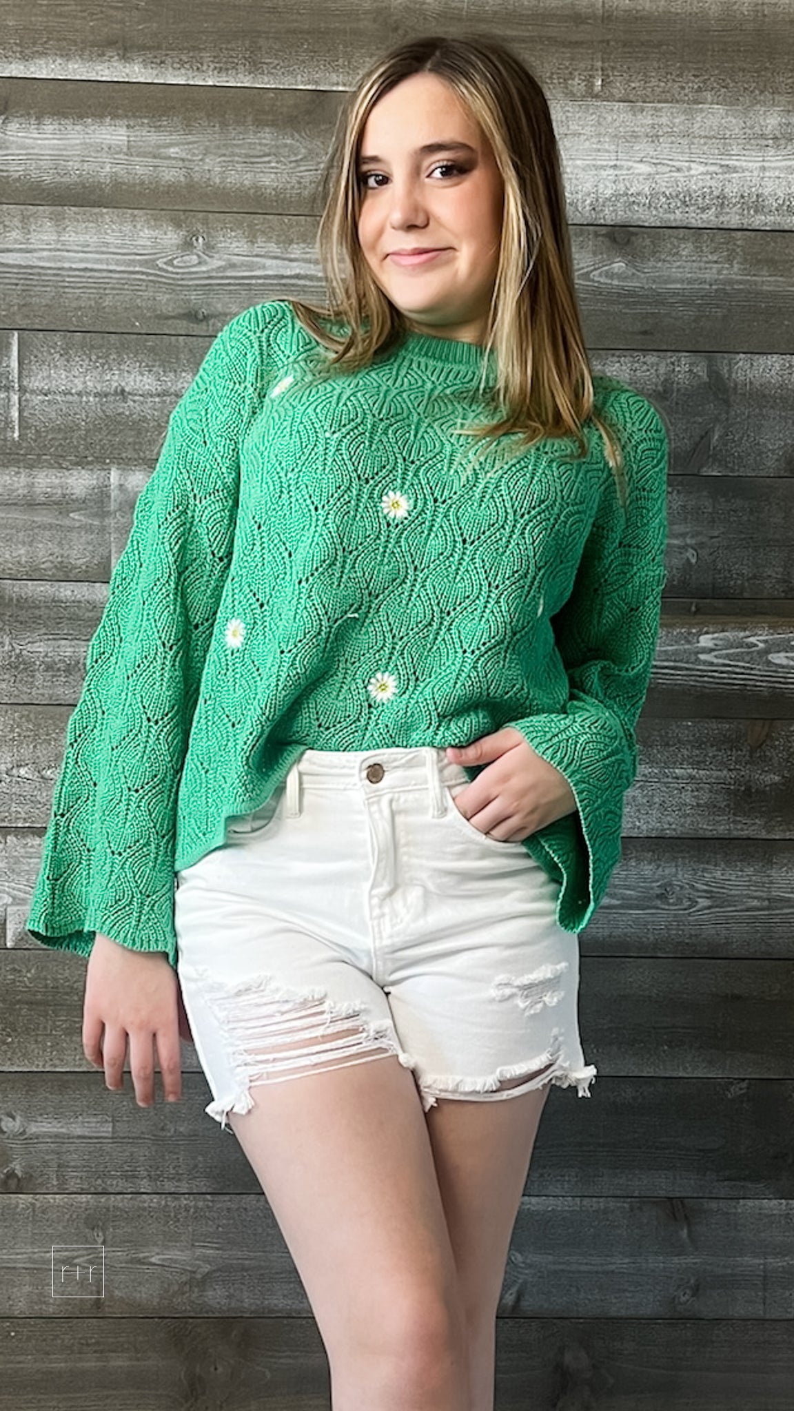 wishlist green daisy embroidered bell sleeve crochet sweater WL23-8143