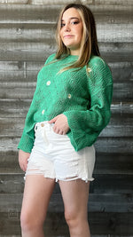 wishlist green daisy embroidered bell sleeve crochet sweater WL23-8143