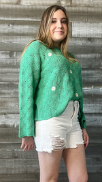 wishlist green daisy embroidered bell sleeve crochet sweater WL23-8143