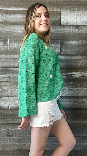 wishlist green daisy embroidered bell sleeve crochet sweater WL23-8143