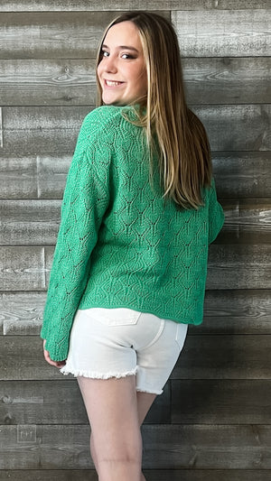 wishlist green daisy embroidered bell sleeve crochet sweater WL23-8143