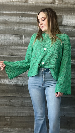 wishlist green daisy embroidered bell sleeve crochet sweater WL23-8143