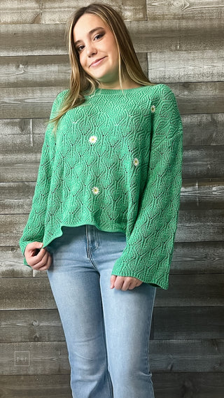 wishlist green daisy embroidered bell sleeve crochet sweater WL23-8143