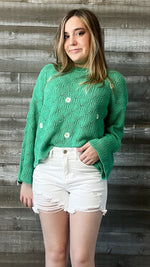 wishlist green daisy embroidered bell sleeve crochet sweater WL23-8143