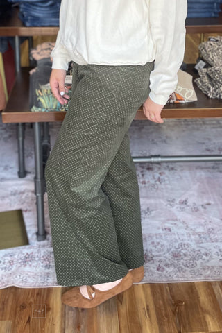 Wishlist Hunter Green Micro Polka Dot Corduroy Wide Leg Fall Pants WL26-13490 side view