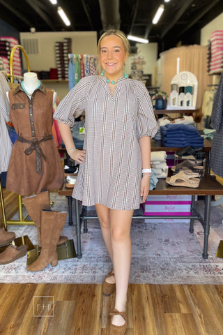Wishlist Latte Gingham Mini Dress, style WL2613777, worn with Corkys Layover ballet flats in came, shown front-facing with one hand on her hip