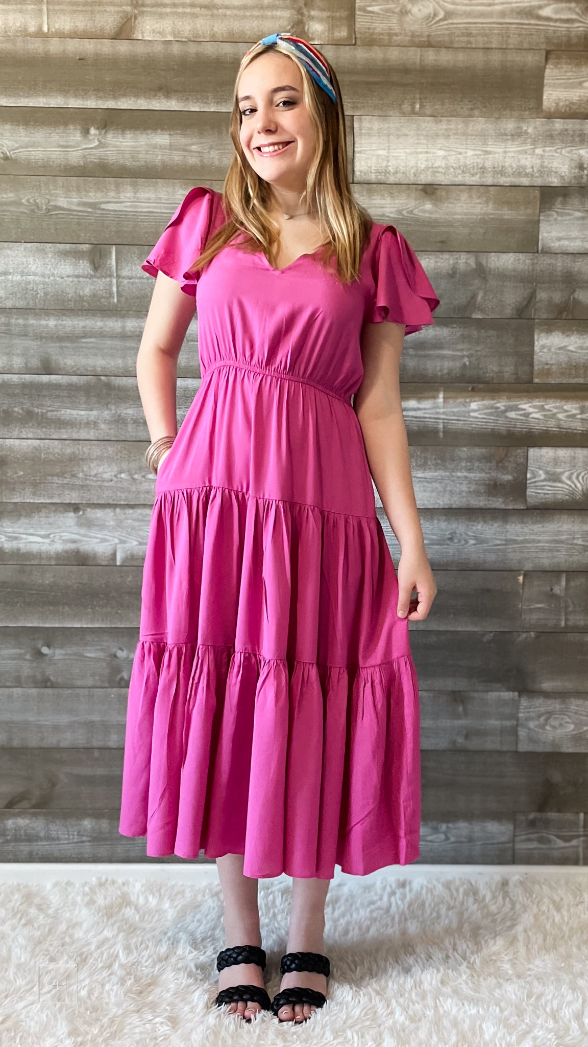 wishlist tiered midi dress in magenta with flutter sleeves WL24-8625