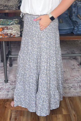 Wishlist Medium Blue White Floral Pattern Midi Tiered Skirt WL26-13172 side view