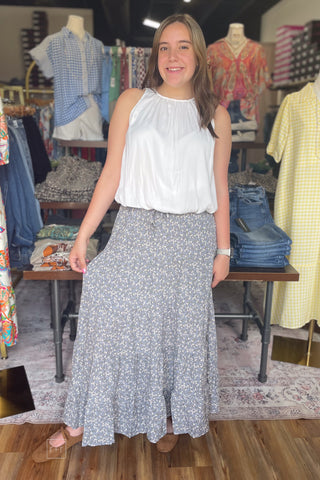 Wishlist Medium Blue White Floral Pattern Midi Tiered Skirt WL26-13172 front view full outfit