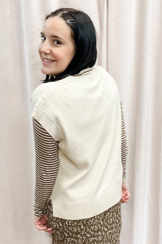 Wishlist Vneck Ribbed Sweater Vest Natural with Side Slits WL25-10267