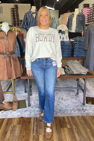 Wishlist Off White Mocha Floral Graphic Howdy Sweatshirt WL26-12822 paired with jeans full outfit front view