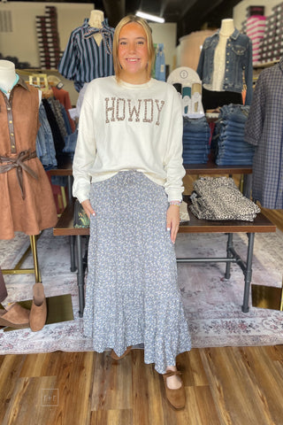 Wishlist Off White Mocha Floral Graphic Howdy Sweatshirt WL26-12822 front view paired with blue floral midi skirt full outfit
