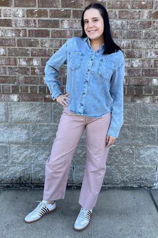 Wishlist rose denim cotton pants in a barrel leg style wl25-11202