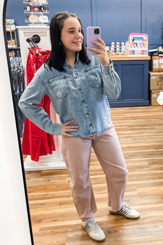 Wishlist rose denim cotton pants in a barrel leg style wl25-11202