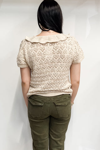 Wishlist Stone Short Sleeve Embroidered Cardigan with Ruffle Collar wl25-10425