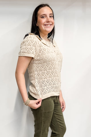 Wishlist Stone Short Sleeve Embroidered Cardigan with Ruffle Collar wl25-10425
