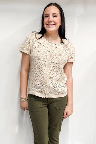 Wishlist Stone Short Sleeve Embroidered Cardigan with Ruffle Collar wl25-10425