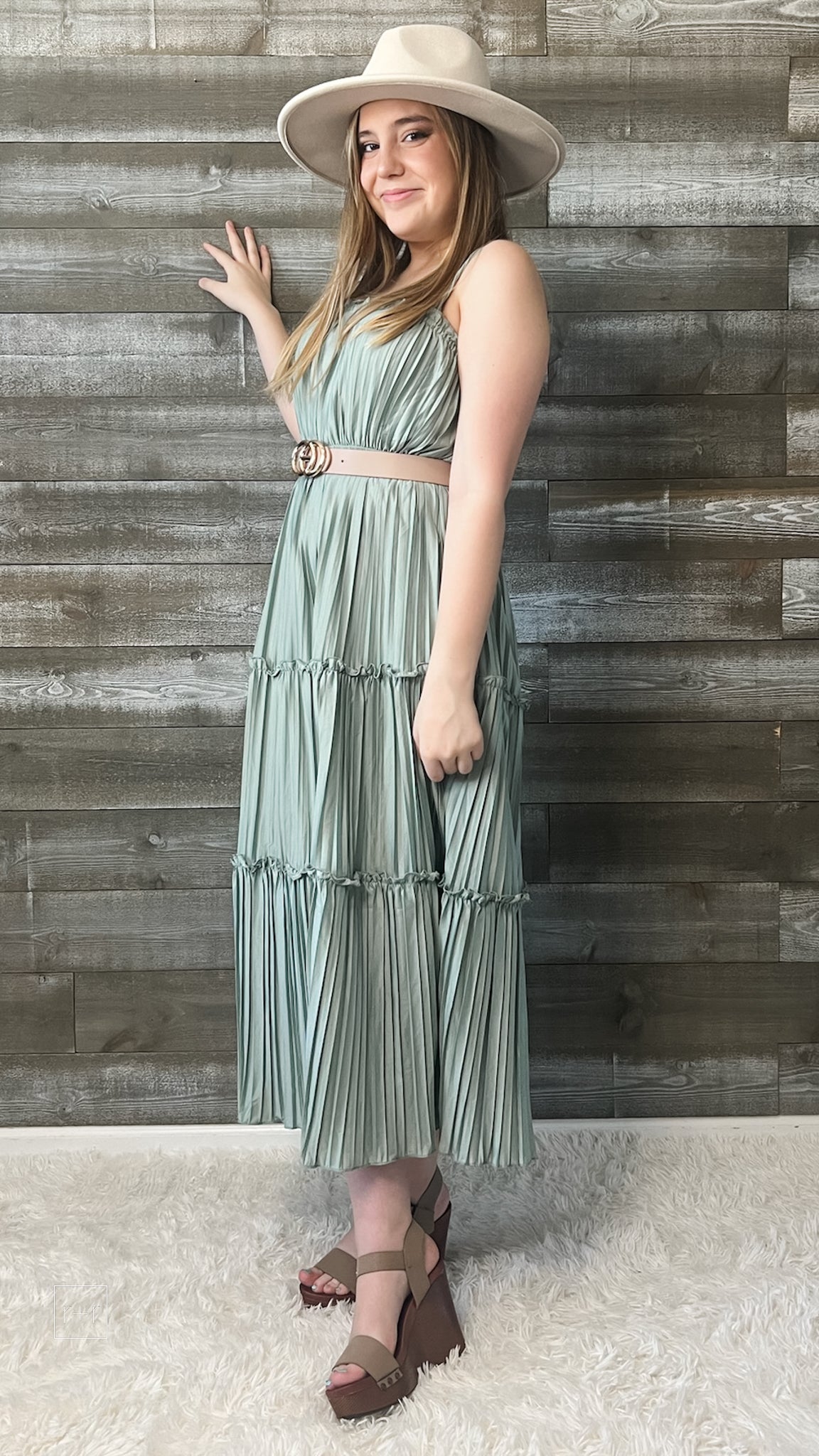 wishlist maxi dress with pleated tiered skirt smocked back dusty sage WL24-8667